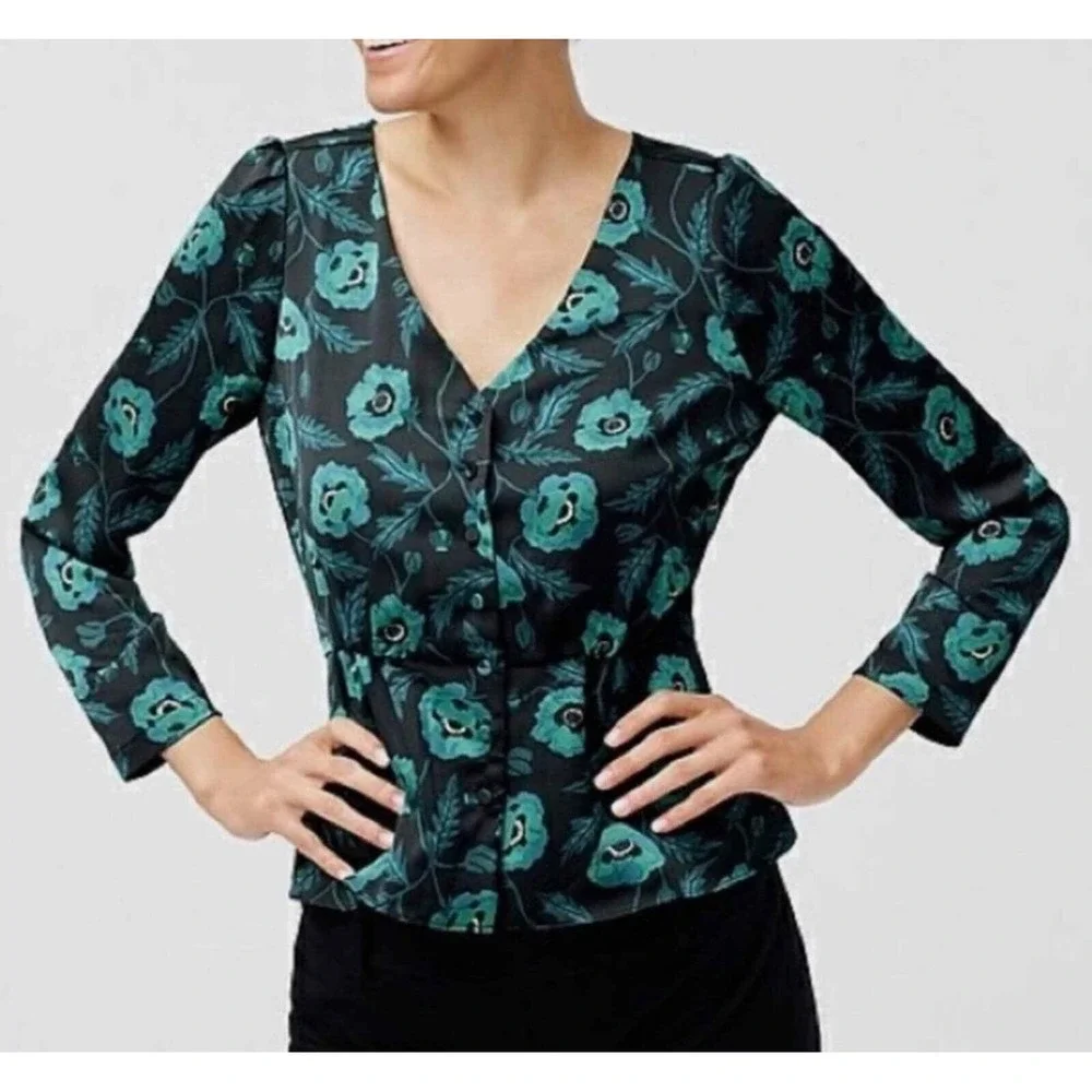 JCrew Satin Crepe Peplum Poppy Print Blouse‎ Size 00